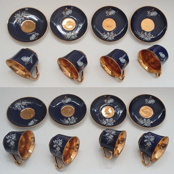 VTG Cobalt Blue Gold Interior Fine Porcelain Favolina 4 Cups & Saucers Poland - Picture 11 of 16